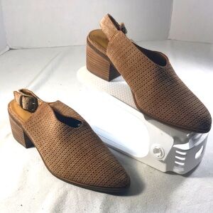 Lucky Brand Lideton Women's Tan Slingback Perforated Suede Stacked Heel Mules